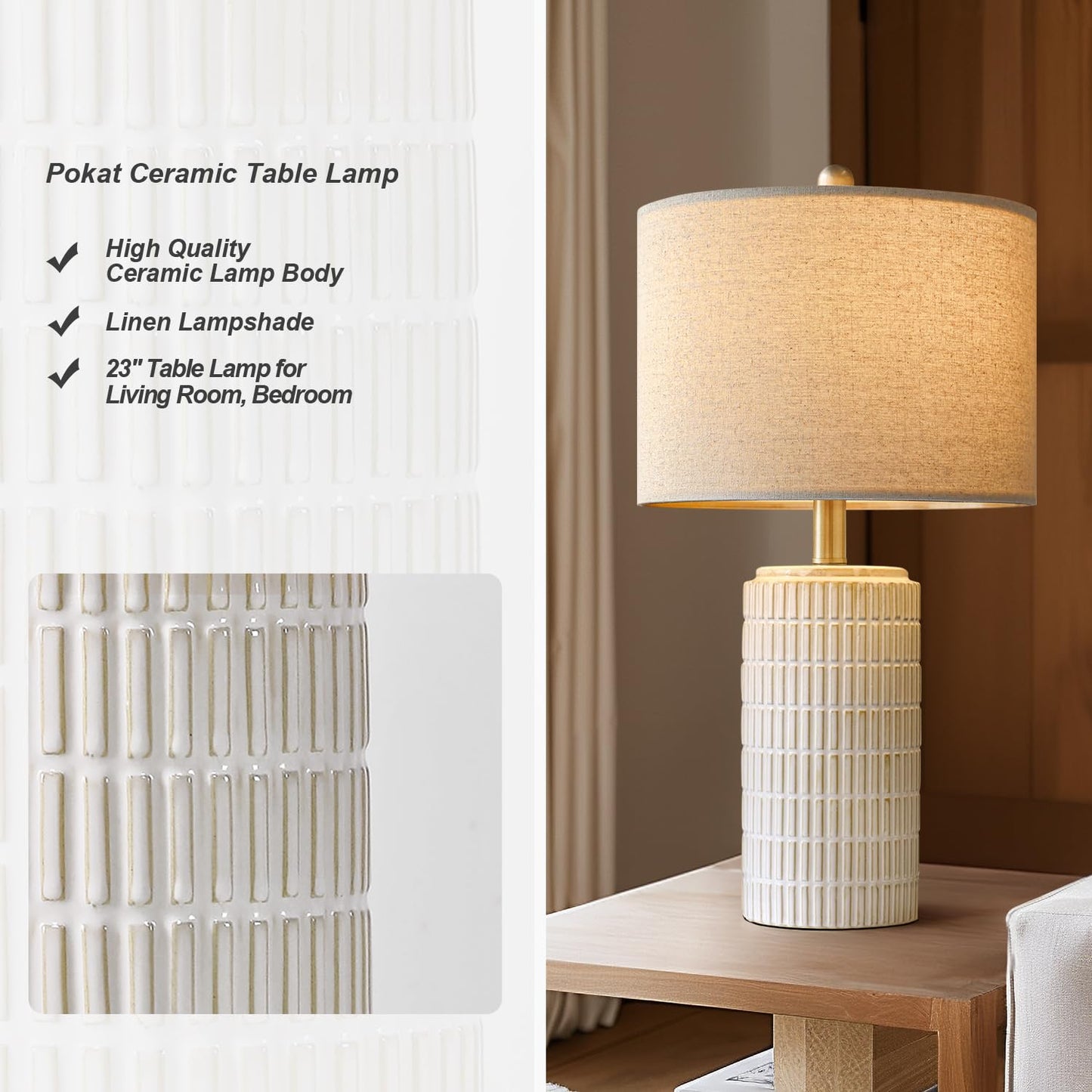 PoKat 23" Modern Ceramic Table Lamp Set of 2 for Living Room White Desk Lamps for Bedroom Farmhouse Bedside Nightstand Lamp House Warming Gifts New Home Decor End Table Lamps Gifts for Women Mom Beige