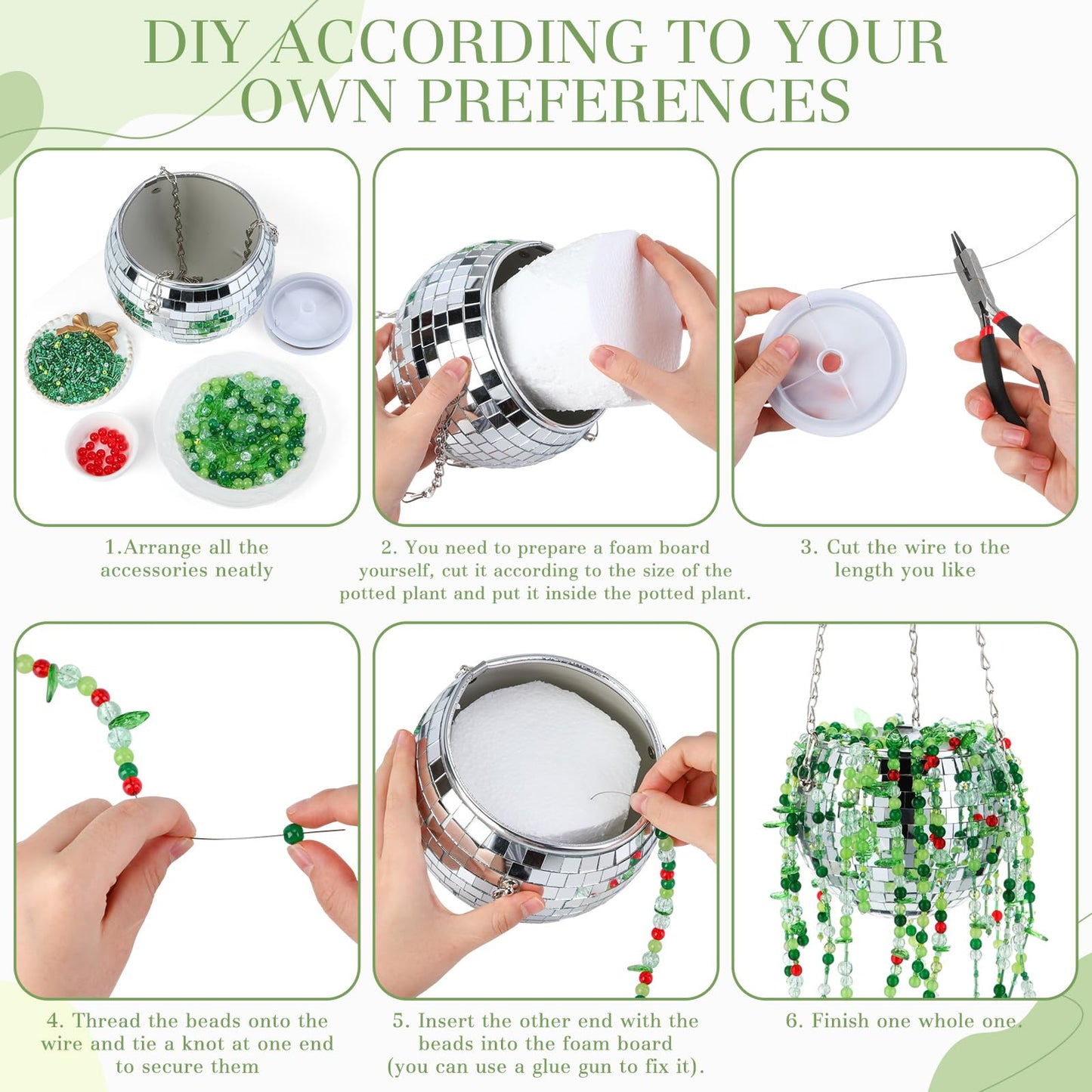 Potchen 1260 Pcs DIY Beaded and Planter Set, Glass Beaded Plant Making Kit with Hanging Rope Green Nature Series Colorful Crystal Leaf Jewelry Beads for Planer Crafts (Disco)