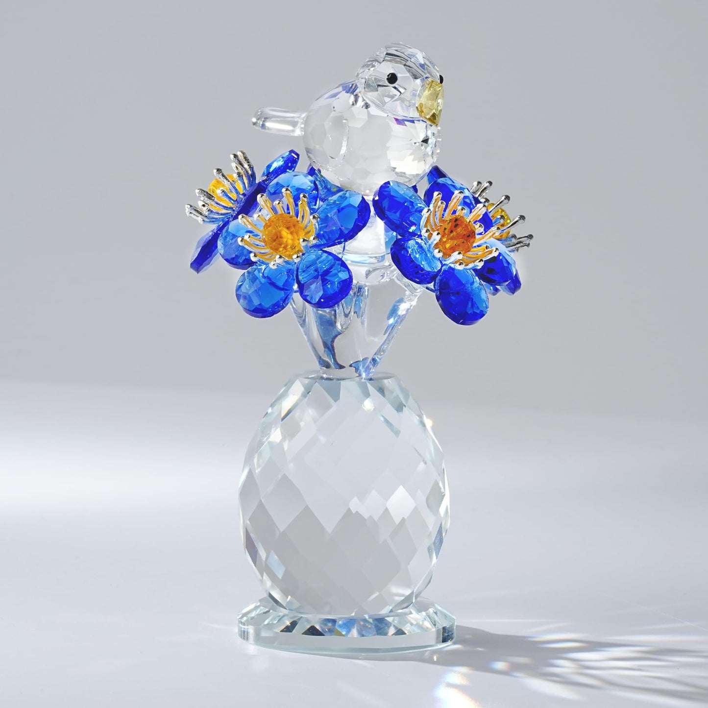 CNCRMEM Crystal Bird & Forget-Me-Not Flower Figurine,3x4 inch Glass Flower Collectible Ornaments for Home Decor Table Centerpiece Glass Bouquet Flowers Keepsake Gifts for Women （Blue）