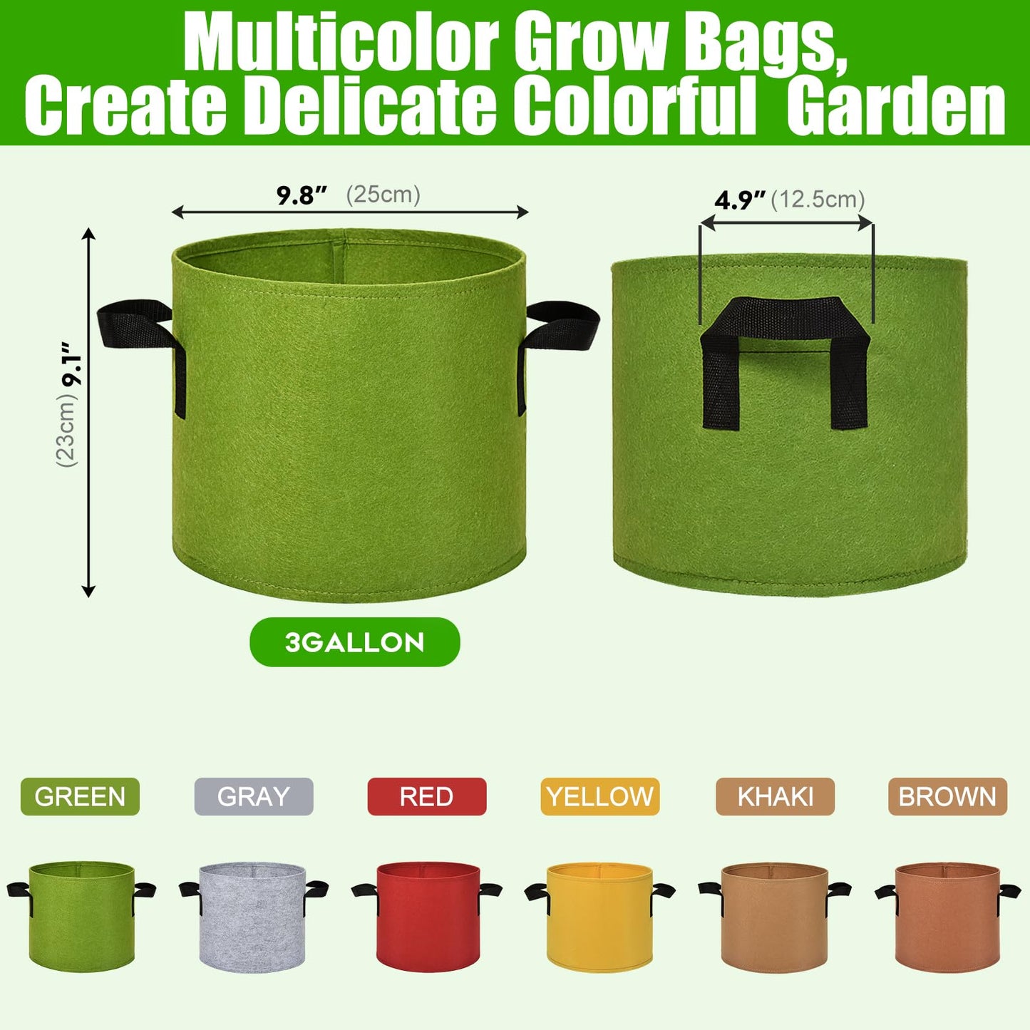 Florelf 6-Pack Fabric Grow Bags 3 Gallon – Colorful 300G Thickened Nonwoven Planter Pots with Sturdy Handles, Breathable Garden Bags for Vegetables, Potato, Flowers