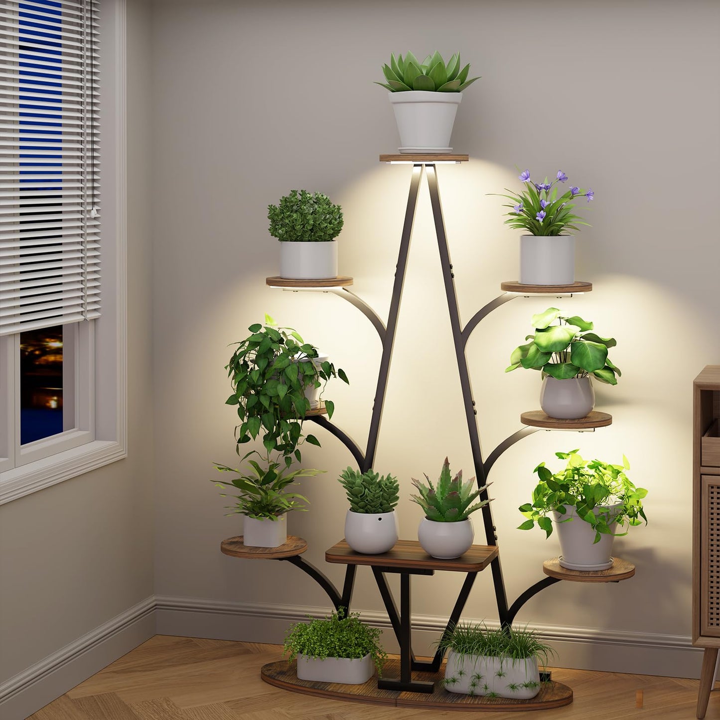 Plant Stand Indoor with Grow Lights - 51" Tall Christmas Tree-Shaped Corner Plant Shelf, 9 Tiered Metal Plant Rack with Adjustable Brightness & Timer, Sturdy Display Stand for Plants, Balcony Decor (Black)