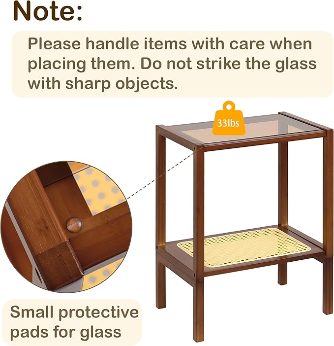 2-Tier Bamboo Side Table, Modern Glasstop Rattan Side Table, Mid Century Wood