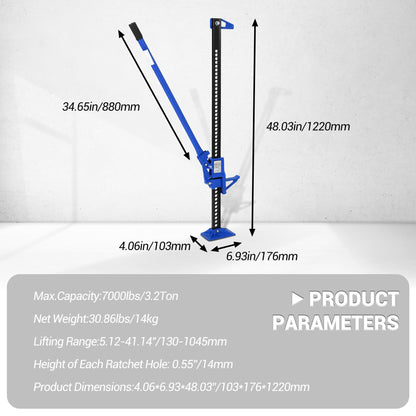 60" Farm Jack 3 Ton Heavy Duty, Hi-Lift Off Road Jack for Truck SUV Tractor - 7000LB Capacity, Ratcheting Lift 5.12-52"