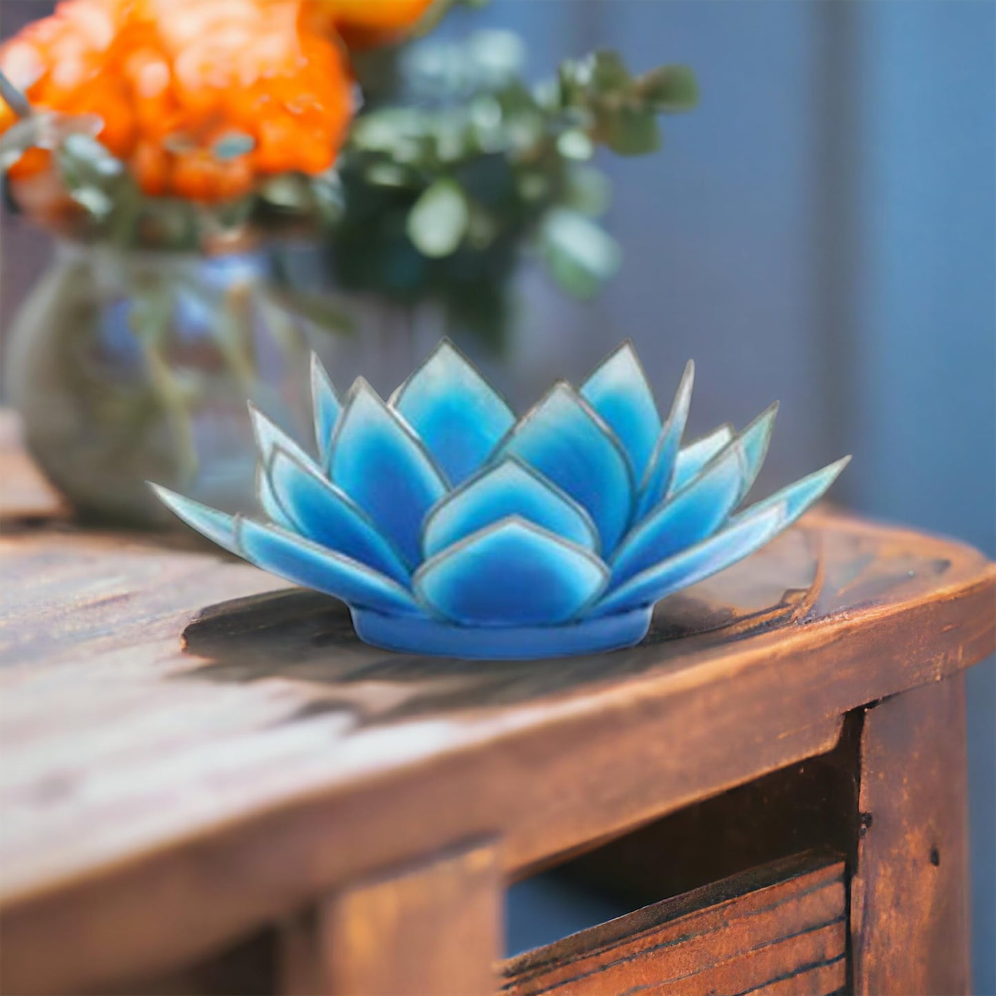 Dahlia Lotus Tealight Holder, Turquoise