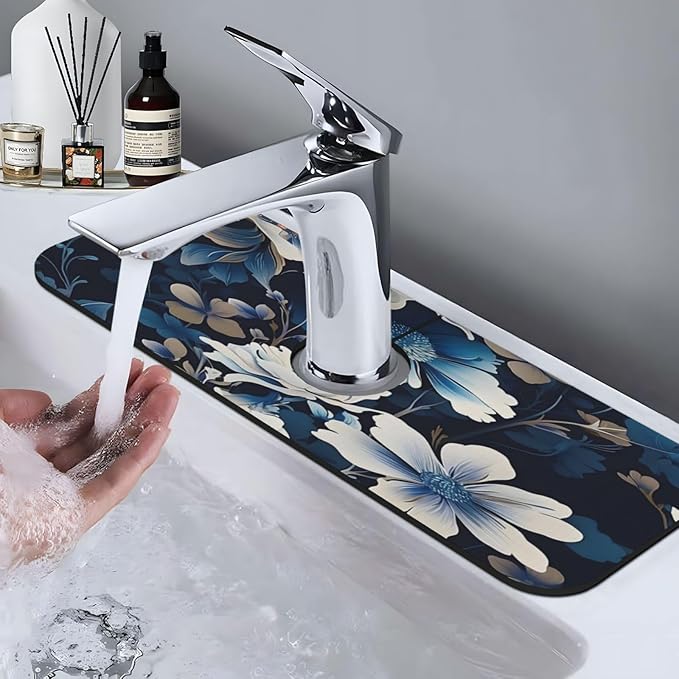 Blue flowers Kitchen sink faucet pad, strong water absorption, anti slip