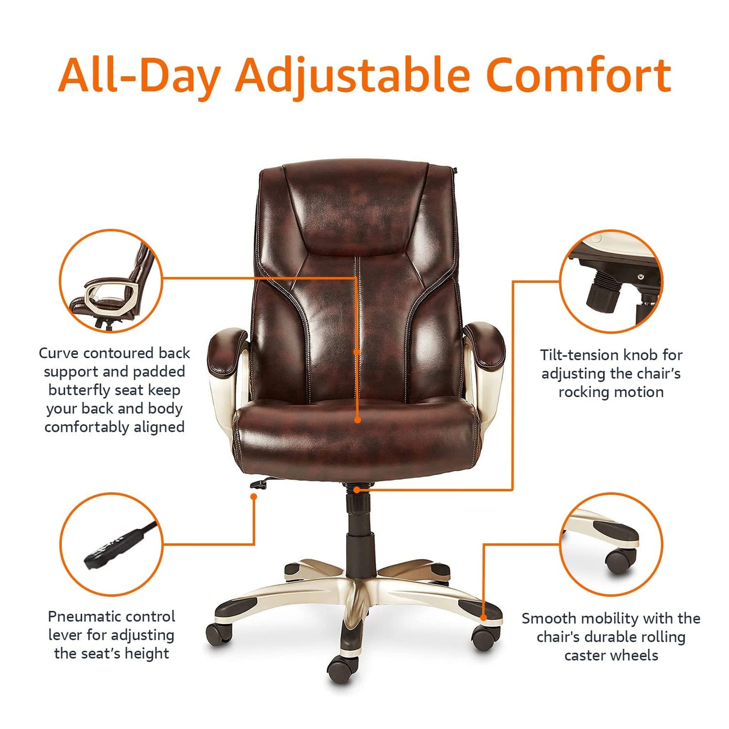Amazon Basics Executive High Back Office Chair, Adjustable Height, Tilt, Swivel, Padded Armrests, Brown/Gold