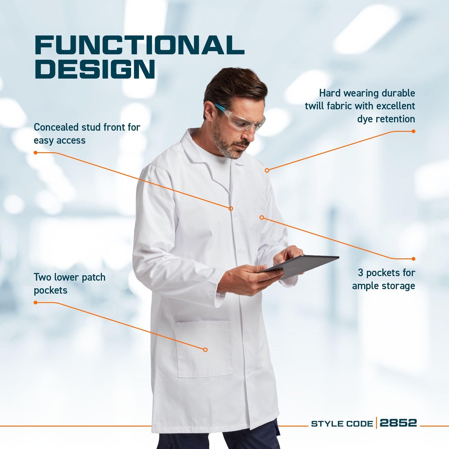 Portwest 2852 Standard Lab Coat Kingsmill Polycotton Professional Protective Workwear Concealed Stud 3 Pocket Storage Durable Comfortable Non-Shrinking, White, S