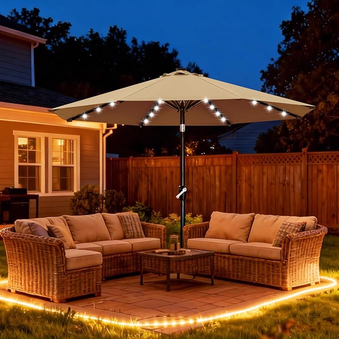 ABCCANOPY Durable Solar Led Patio Umbrellas with 32LED Lights 11FT (Khaki)