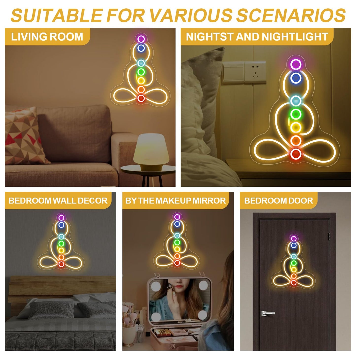 Seven Chakras Meditation Neon Sign Custom Yoga Studio Logo LED Sign Chakras LED Neon Pilates Studio Art Meditation Room Wall Art Yoga Lover Gift, Psychic Chakras Healing Exercise, Peaceful Sign