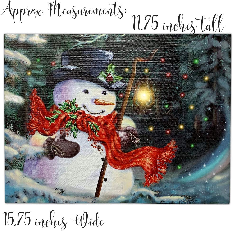 BANBERRY DESIGNS LED Wall Art - Lighted Snowman Canvas Print - Christmas Wall Hanging Snowman with a Red Scarf Holding a Lantern - Winter Holiday Scene 11.75" H x 15.75" W