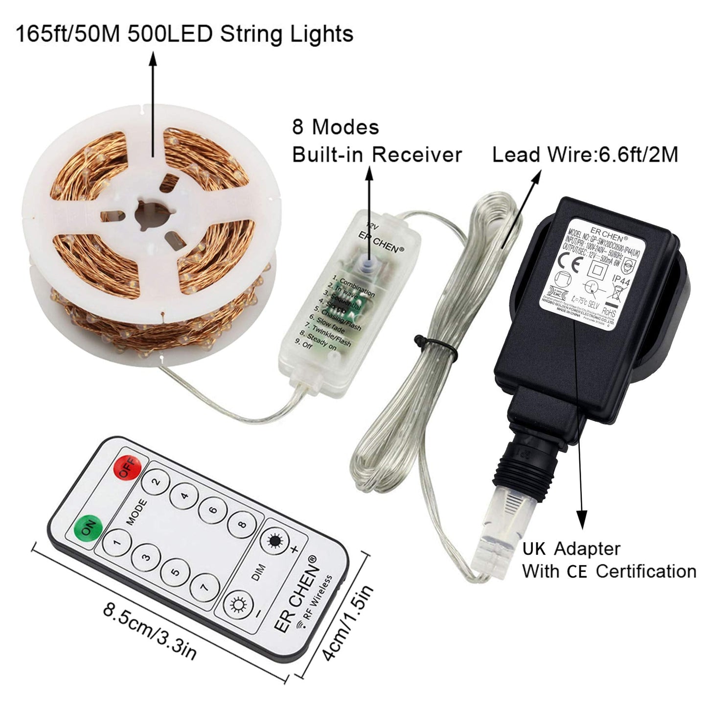 Erchen Plug in Fairy Lights, 165 FT 50M 500 LED Dimmable Copper Wire LED Starry String Lights with 12V DC Power Adapter RF Remote Control for Wedding Christmas Party Bedroom (Warm White)