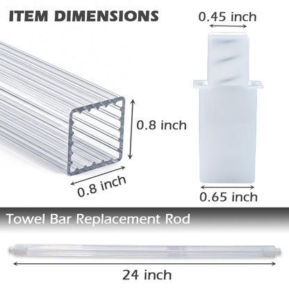 24 Inch Clear Acrylic Towel Bar Replacement Rod for Black Ceramic Holder, Square Spring Loaded Adjustable Insert, Transparent Plastic Bathroom Shower Towel Rack Pole, Cut to Fit, Easy Install