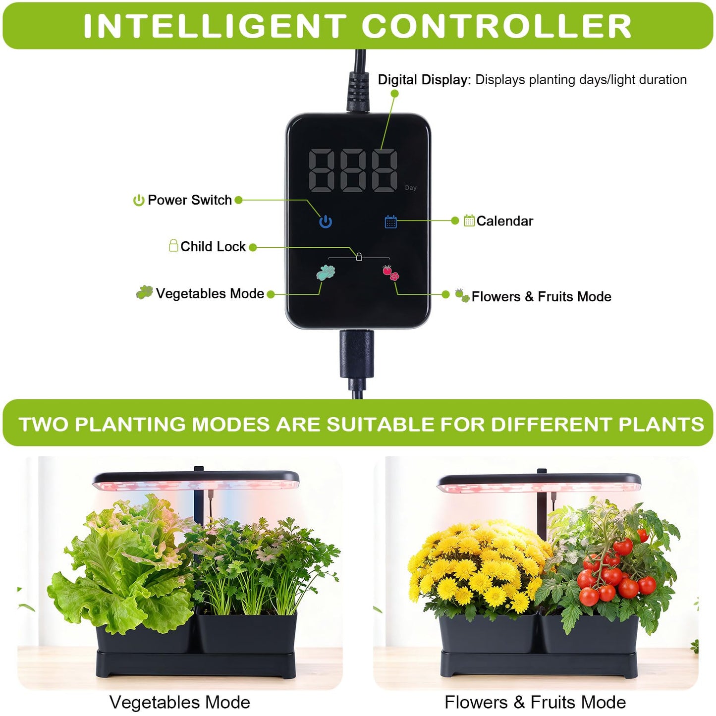 Indoor Garden Led Grow Light Planter Pots, Herb Kitchen Garden Grow Kit, Full Spectrum LED Plant Light for Plants, Height Adjustable Growing Lamp with Intelligent Controller (Black, 16*6.3*7.1 inch)