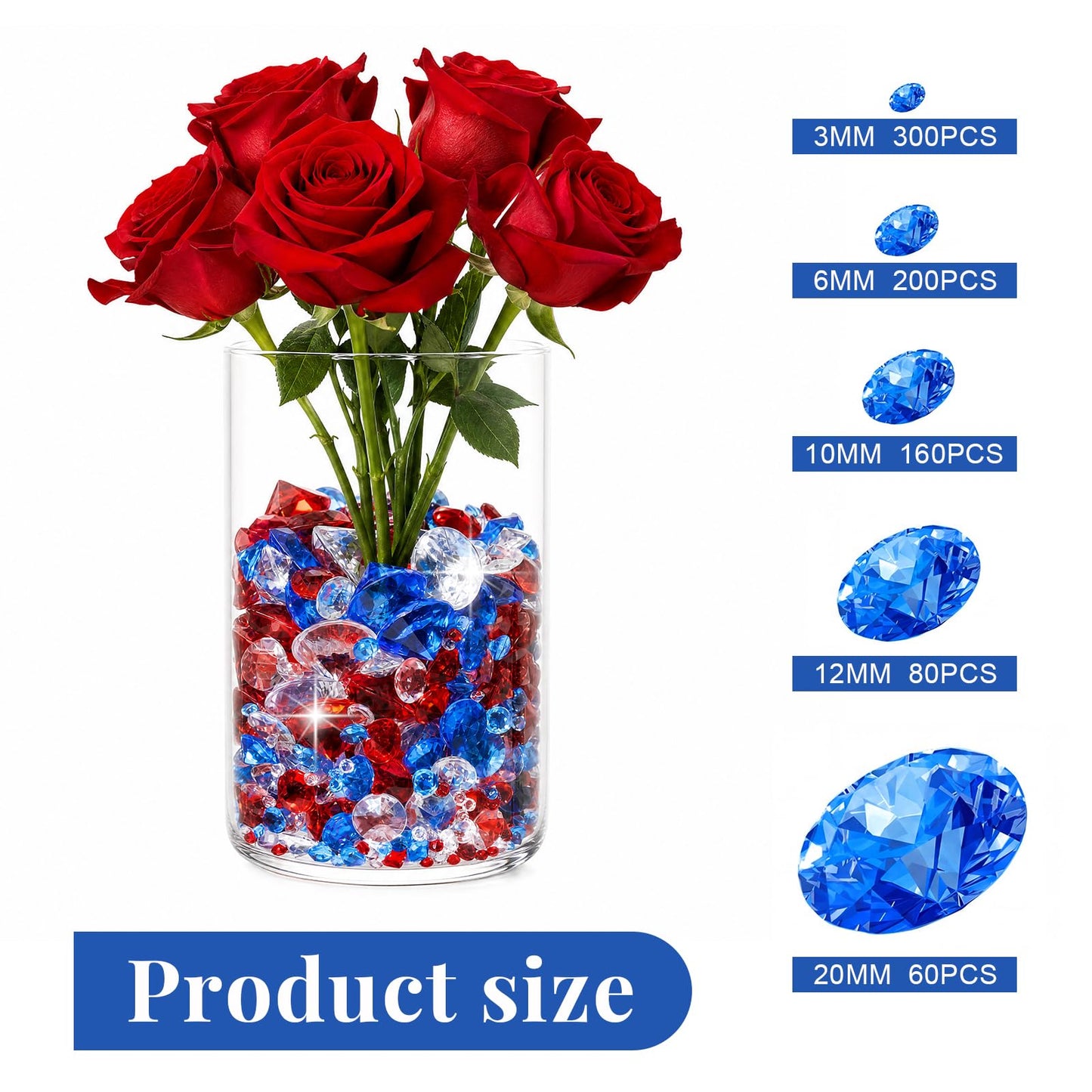 Hicarer 800 Pieces Red Clear Blue Diamond Decorations Patriotic Acrylic Diamond Table Scatter Crystals for 4th of July Independence Day 250th Anniversary USA Birthday DIY Crafts Home Party Decorations