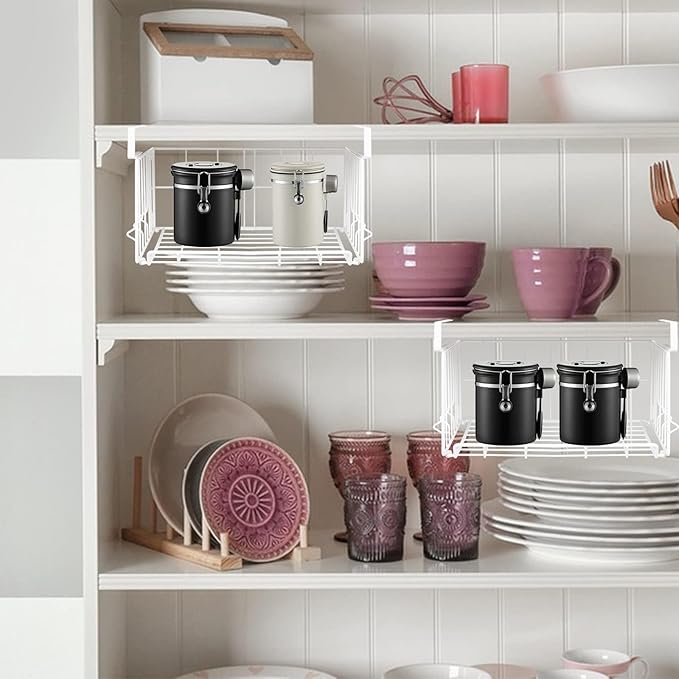 Hanging Under Shelf Storage Basket, 4 Pack Foldable Under Cabinet Metal Desk