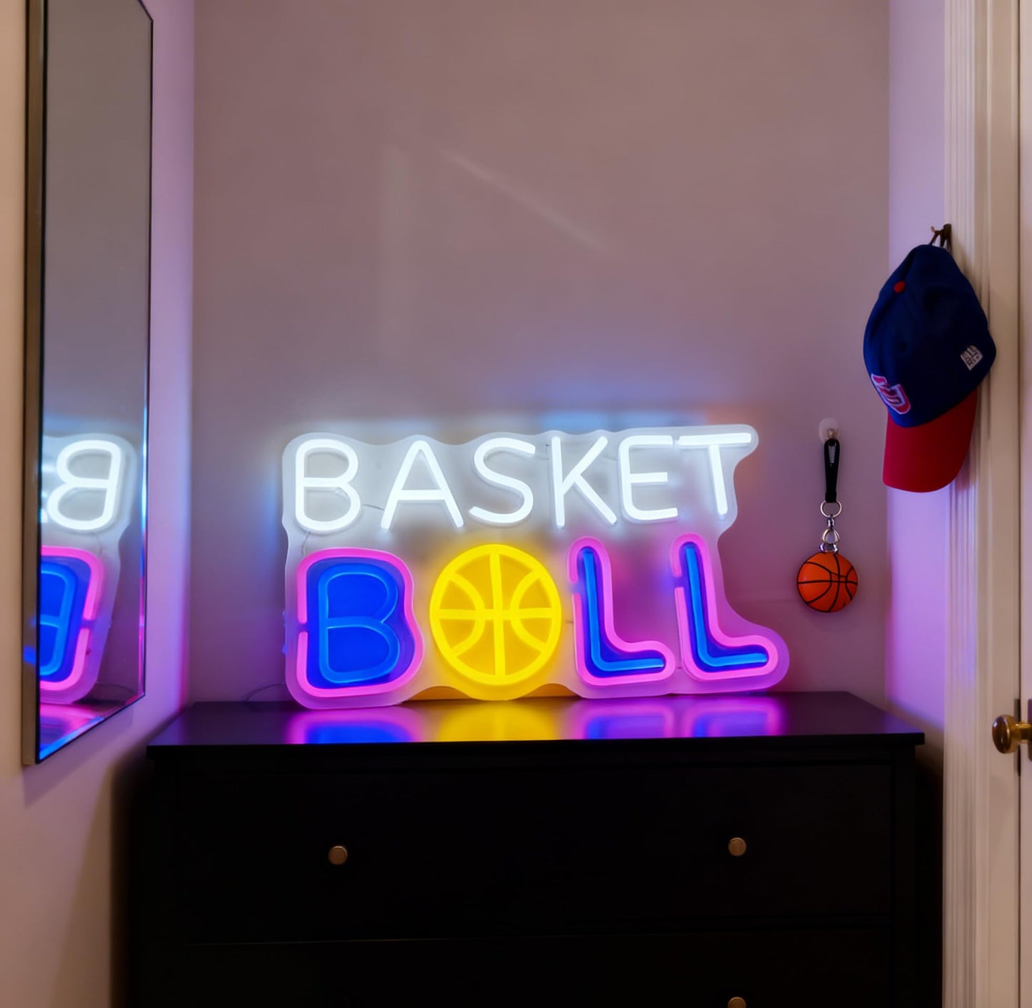 Basketball LED Neon Sign, Sports Theme Light Up Neon Sign, Teen Bedroom Game Room Home Wall Table Decor, Basketball Fan Birthday Party Gift, USB Powered Decorative Light 16.5 x 9.8 In