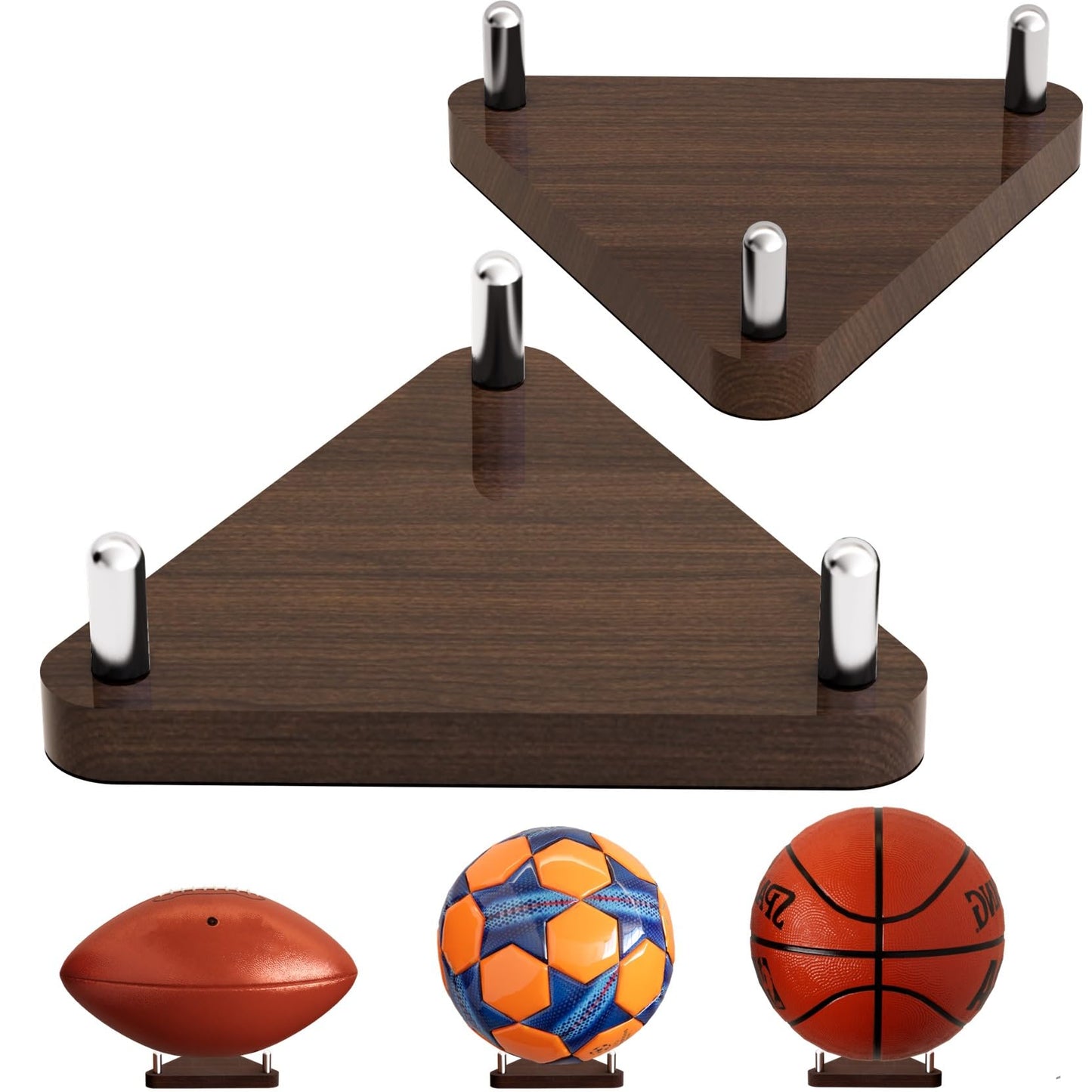 Happyseason 2 Pack Wood Football Display Stand, Triangular Ball Holder for American Football, Basketball & Soccer, Desktop Sports Memorabilia Display Rack for Autographed Balls, Easy Assembly