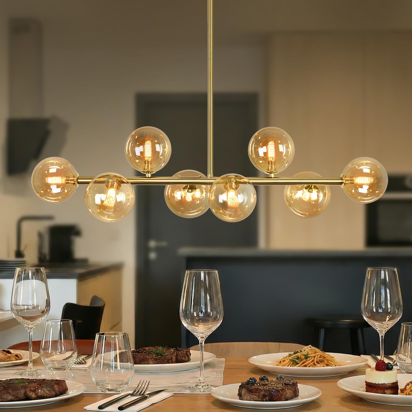 Gold Linear Chandelier,8-Light Bubble Amber Glass Globe Chandelier Mid Century Modern Sputnik Chandeliers for Dining Room Light Fixture Electroplated Brass Chandelier 37" Pendant Lights Kitchen Island
