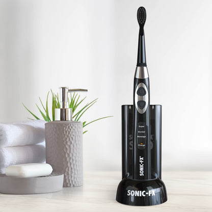Sonic-FX Solo Electric Toothbrush - 3 Brushing Modes - with Intelligent Auto-Timer, Includes 2 Tooth Brush Heads, and 1 Interdental Head, Rechargeable, Electronic Charging/Storage Base (Black)
