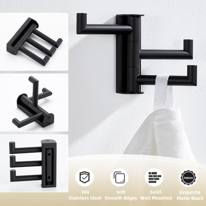 APLusee Swivel Towel Hook, 304 Stainless Steel Foldable Clothes Hook with Multi Three Rotating Arm, Flexible Bathroom Kitchen Storage Hanger Wall Mounted, Matte Black