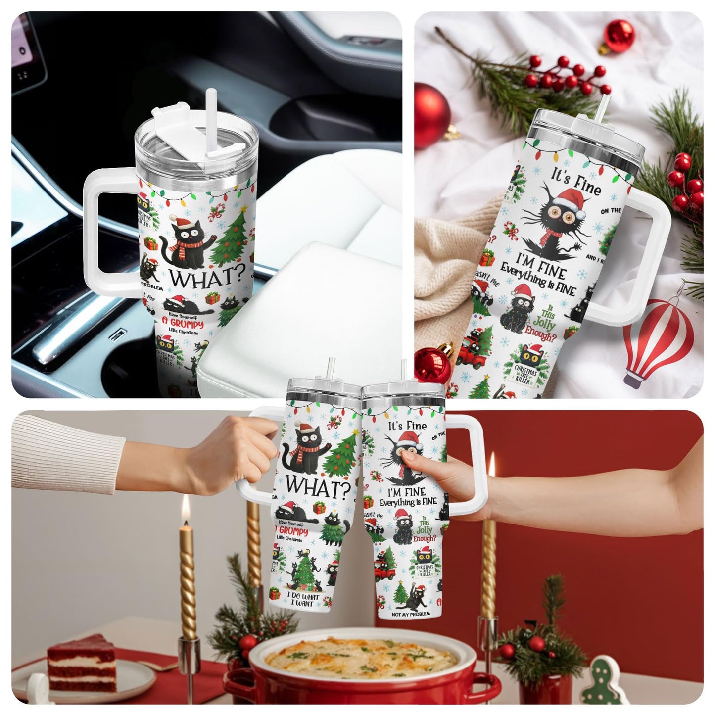 34HD 40oz Funny Christmas Cat Tumbler with Handle – Black Cat Gift, Holiday Travel Mug with Lid & Straw