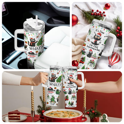 34HD 40oz Funny Christmas Cat Tumbler with Handle – Black Cat Gift, Holiday Travel Mug with Lid & Straw
