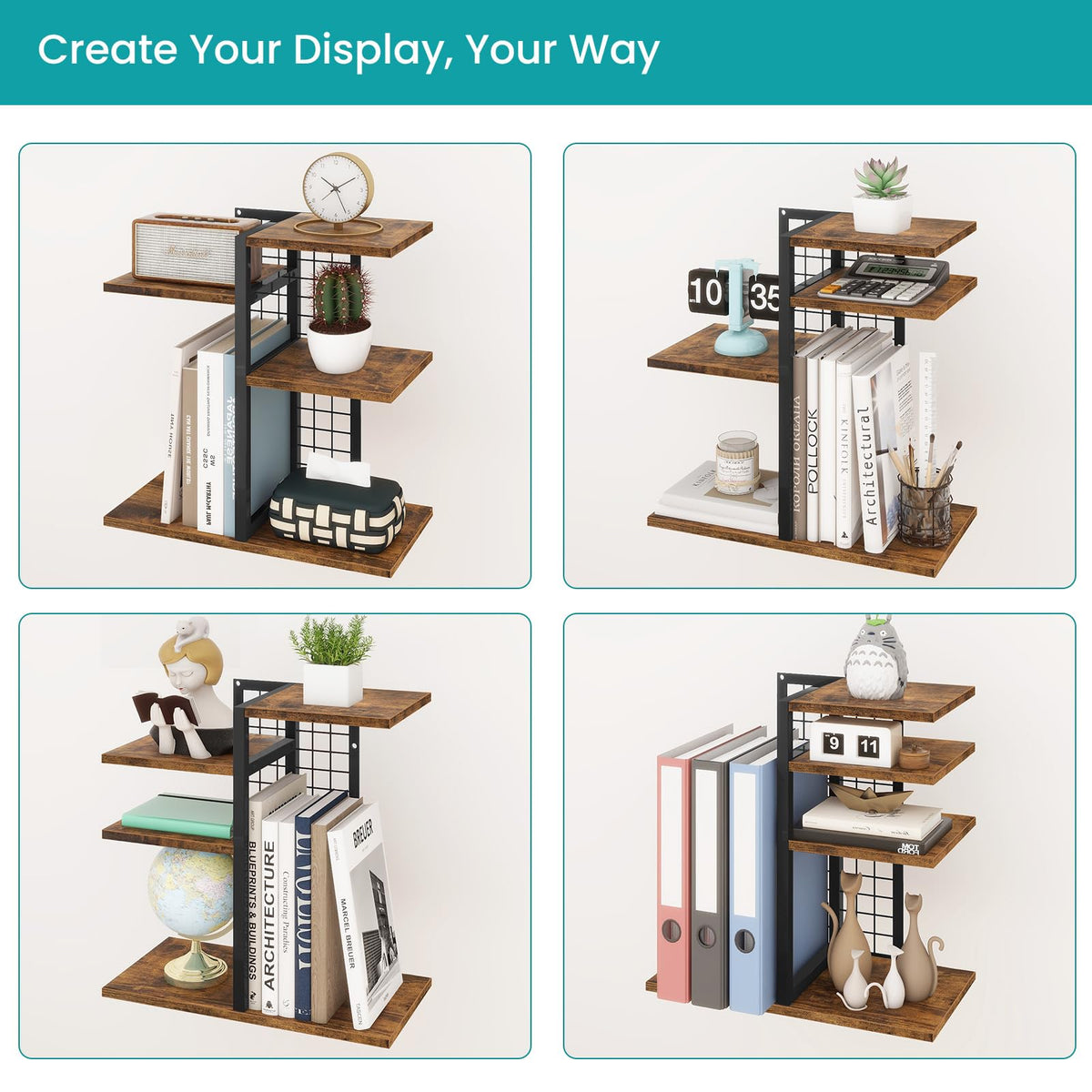 ELITEROO Desktop Shelf Organizer, 4-Tier Wooden Desk Bookshelf, Small Tabletop Book Shelf, Adjustable Display Rack for Home, Office, Dorm, Rustic Brown