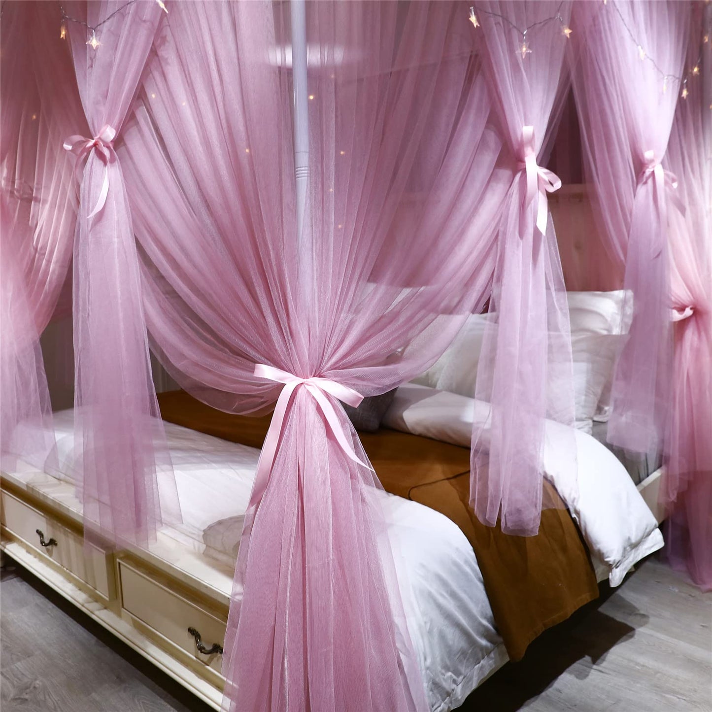 VETHIN 4 Corners Post Princess Bed Canopy Curtain Double Layer Cozy Drape Netting 4 Opening Mosquito Net for Girls & Adults Bedroom Decoration Accessories (Double Pink, 53" W*78" L*82"*H/(Full))