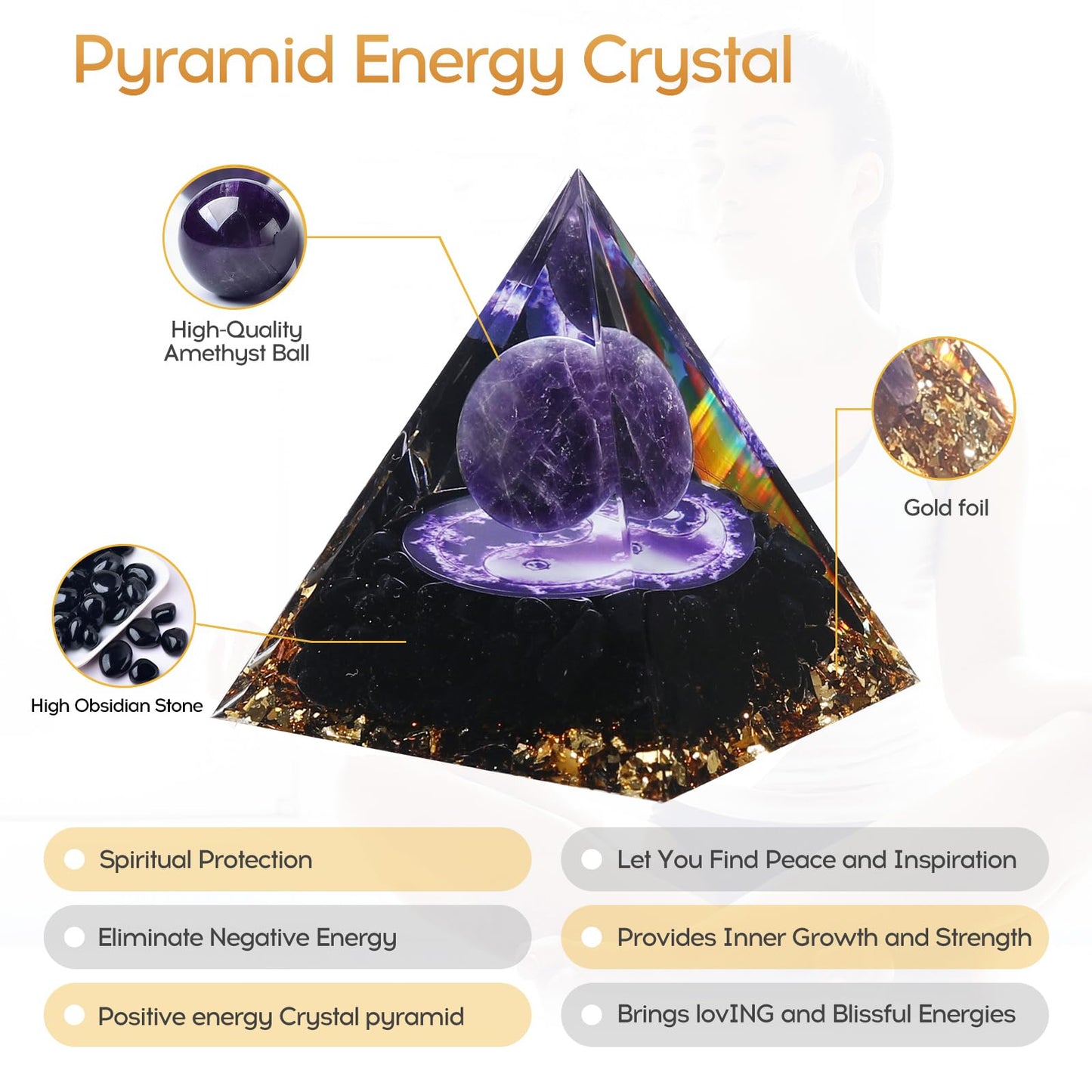 Hopeseed Orgone Pyramid for Positive Energy, Orgonite Natural Amethyst&Obsidian Healing Crystals Pyramid for Reduce Stress Chakra Reiki Healing Meditation Cleanses the Mind and Boosts Confidence