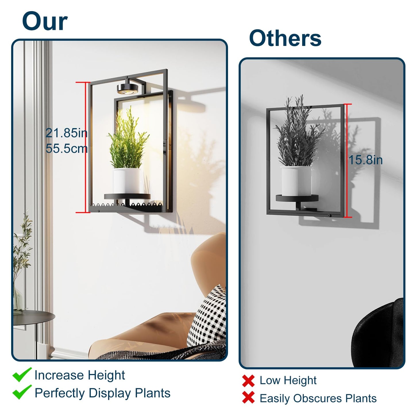 Shineled Wall Plant Holder, Indoor Plants Holders with Remote Grow Lights, Plant Shelves Hanging Planters, Framed Plants Holder for Living Room, 2 Pack