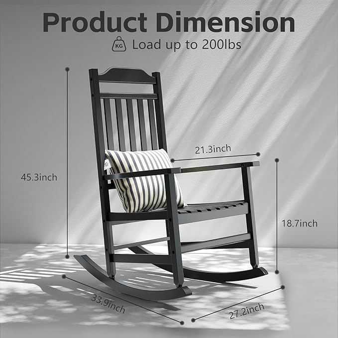 Patio Rocking Chair Outdoor Set of 1,Weather Resistant Poly Resin Oversized Porch Rocker,Indoor Outdoor Use(1, Black)