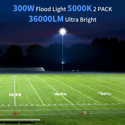 ISUERFY 300W LED Flood Light Outdoor with Plug, 36000LM Ultra Brighter Security Light, IP66 Waterproof Exterior Plug in Floodlight, 5000K Daylight White for Lawn Yard Garden Stadium(2 Pack)