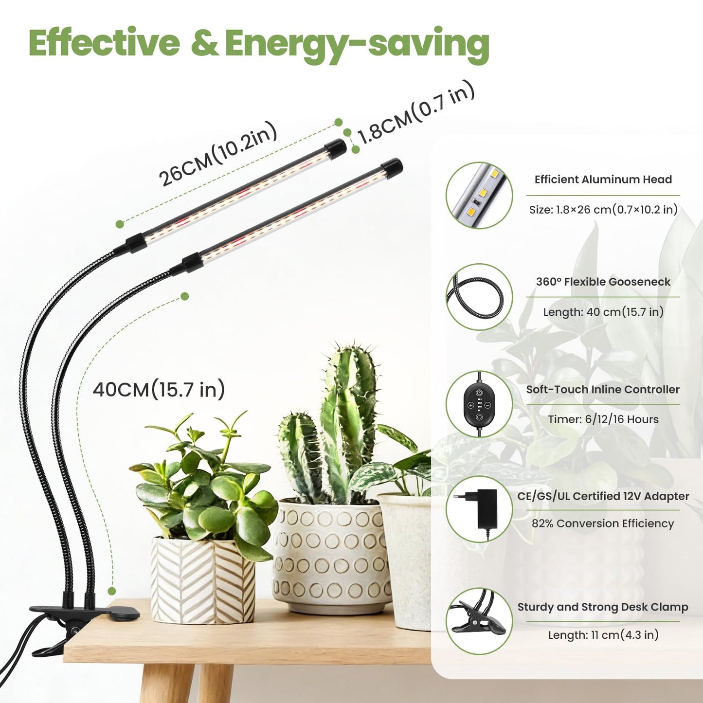 SENCHIKER Clip-on Grow Light 12V, 660nm-Enhanced Full Spectrum, LED Grow Lamp with Timer & Dimming, High PPFD 160 µmol/s/m²@6in, 10W Plant Light for Indoor Growing, C11-B