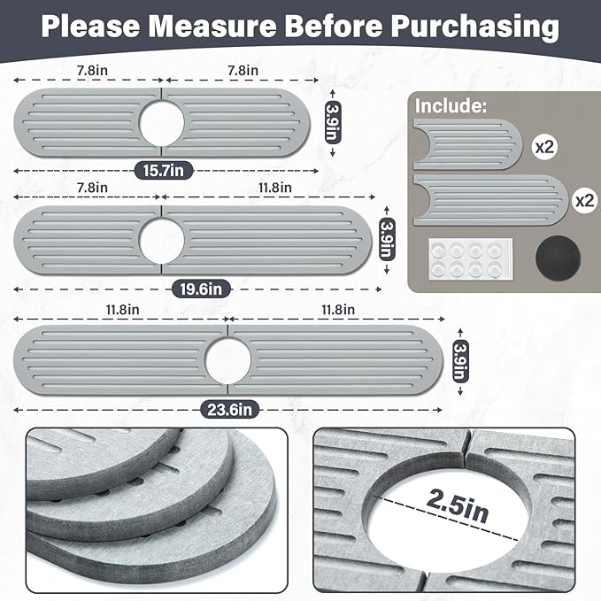 Stone Faucet Mat for Kitchen Sink, 2 Set/4PCS Quick Dry Diatomaceous Earth Tray