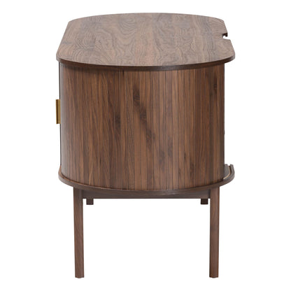 Baxton Studio Hayes Wood Writing Desk - Mid-Century Modern Oval Desk with Locking Drawer and Sliding Tambour Doors for Office or Home