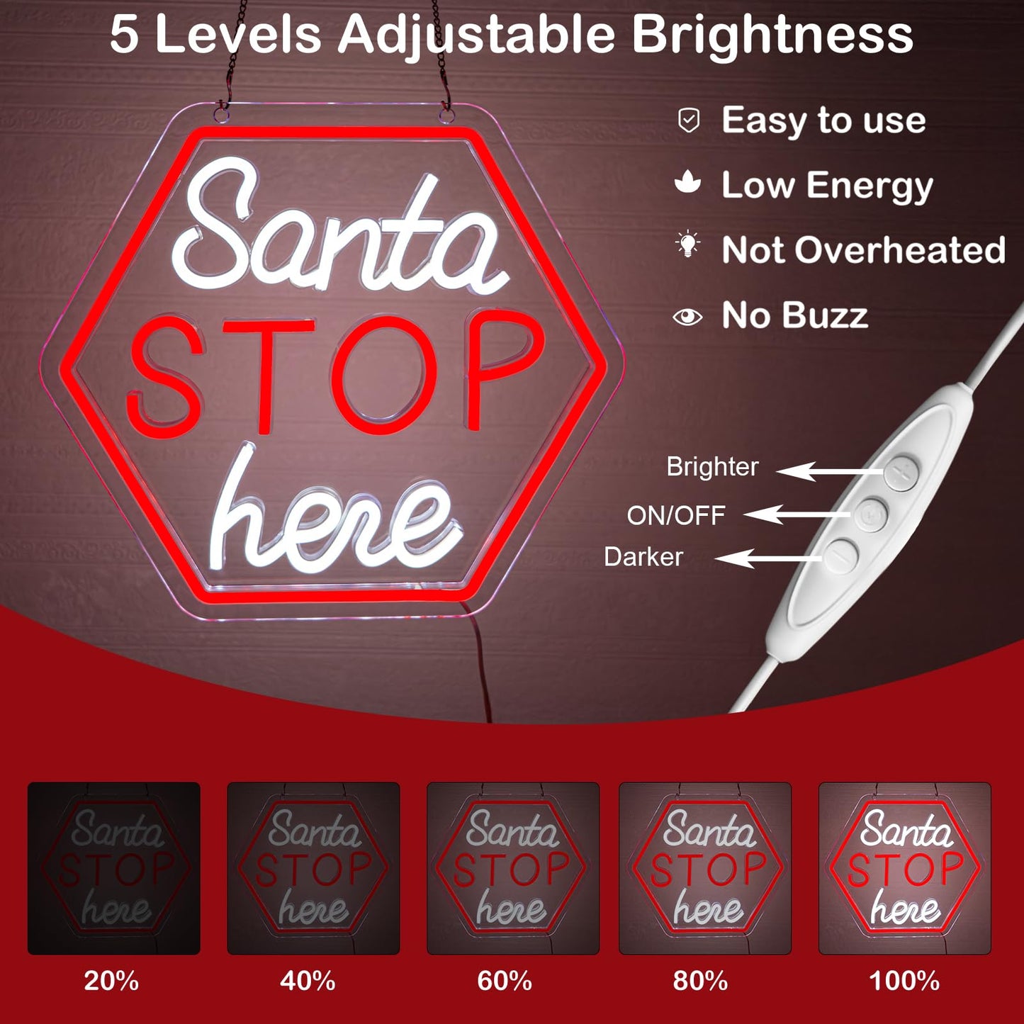 Santa Stop Here Neon Sign for Window Decor USB Powered Xmas Neon Wall Sign Festive Display Holiday Party Santa Stop Led Light for Back Drop Home Display