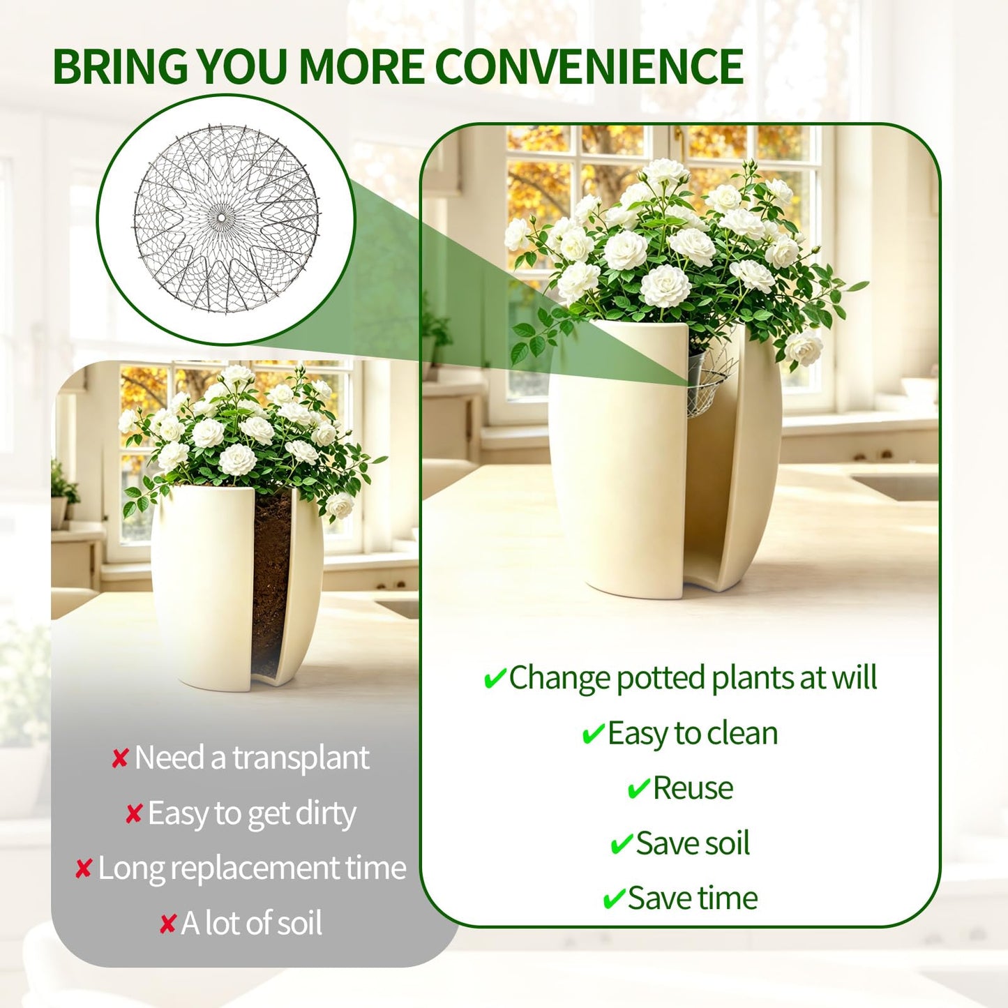 2Pcs Adjustable Planter Insert for Pots Any Height,12-18" Plant Risers for Inside Pots,Heavy Duty Rustproof Stainless Steel Plant Pot With Chains, Chain Pot Fillers for Tall Planters to Reduce Soil