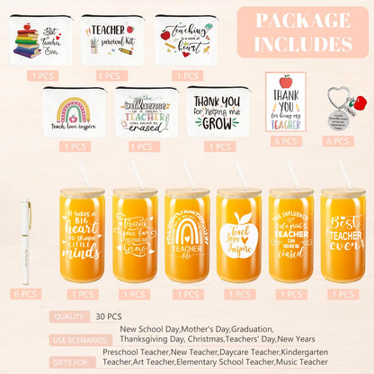 Frerdui 30 Pcs Teacher Appreciation Gift Set - Best Teacher Gifts, Back to School, Thank You Gifts, Retirement Gift for Women, with 16oz Coffee Glass Cup Keychains Zipper Bag Pen Greeting Card