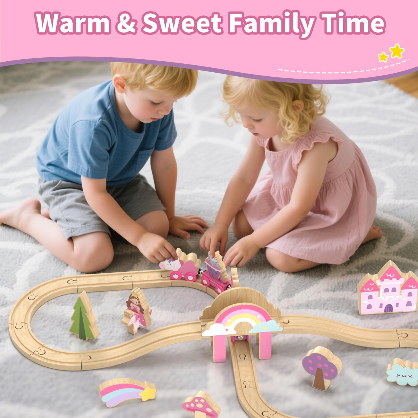 Lehoo Castle Wooden Train Set, Train Set for Toddlers 2-4, Wooden Train Track for Girls, Unicorn Toys for Girls Age 4-6, Toys for 3 4 5 6 Year Old Girl Gifts for Christmas Birthday