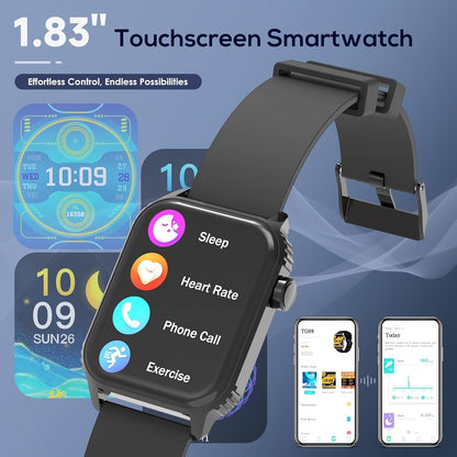 TRAUSI Smart Watches for Women Men, 1.83 inches HD Smartwatch with 120 Sports Modes, Heart Rate/Sleep Monitor, IP67 Waterproof, Bluetooth Call & Music Control for iPhone/Android (Black)