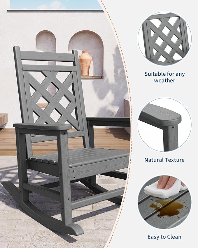 GarveeLife Outdoor Rocking Chair Set of 2, HDPE Weather Resistant Patio Rocking Chair Porch Rocker with Wood Texture & 380 LBS Support for Deck, Pool, Backyard, Gray