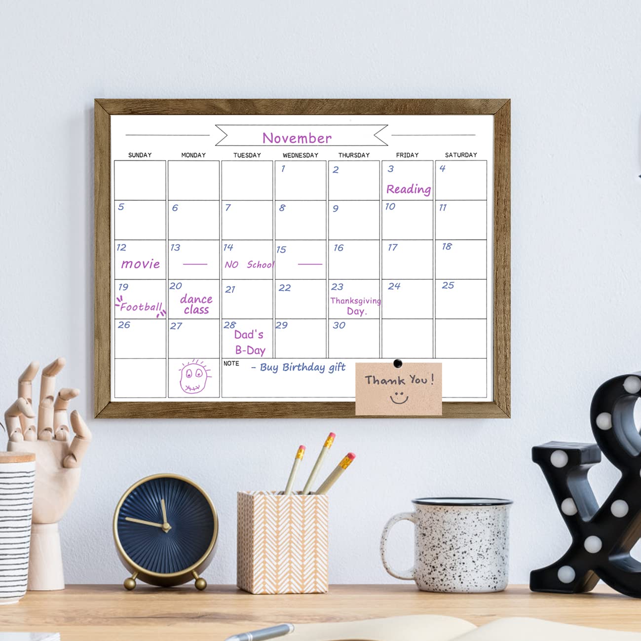 TORASO Dry Erase Monthly Calendar Board, Magnetic Surface Whiteboard for Wall, Office/School/Home, Solid Wood Frame Hanging Board & Planning Board, 13"x 17" (YL-RB-3343-B)