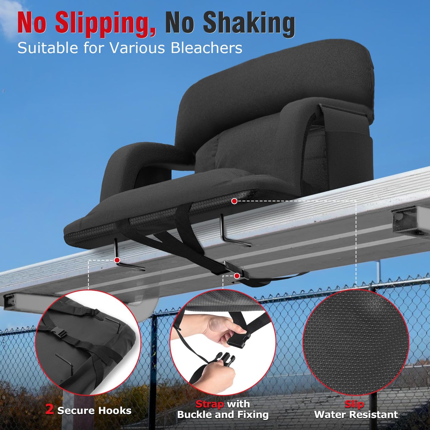 Suteck Wide Stadium Seats with Back Support 2 Pack, Portable Sofa Style Bleacher Chair with Back and Cushion, Armrest, 6 Reclining Positions Backpack Stadium Chair for Sports Events 23-Inch Wide