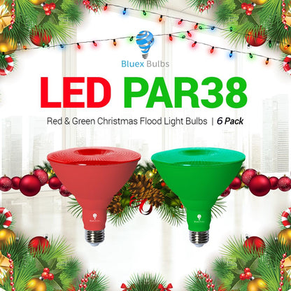 6 Pack BlueX LED Par38 Flood Green Red Light Bulb - 18W (120Watt Equivalent) - Dimmable - Green Red E26 LED Lights, Party Decoration, Porch, Home Christmess Lighting