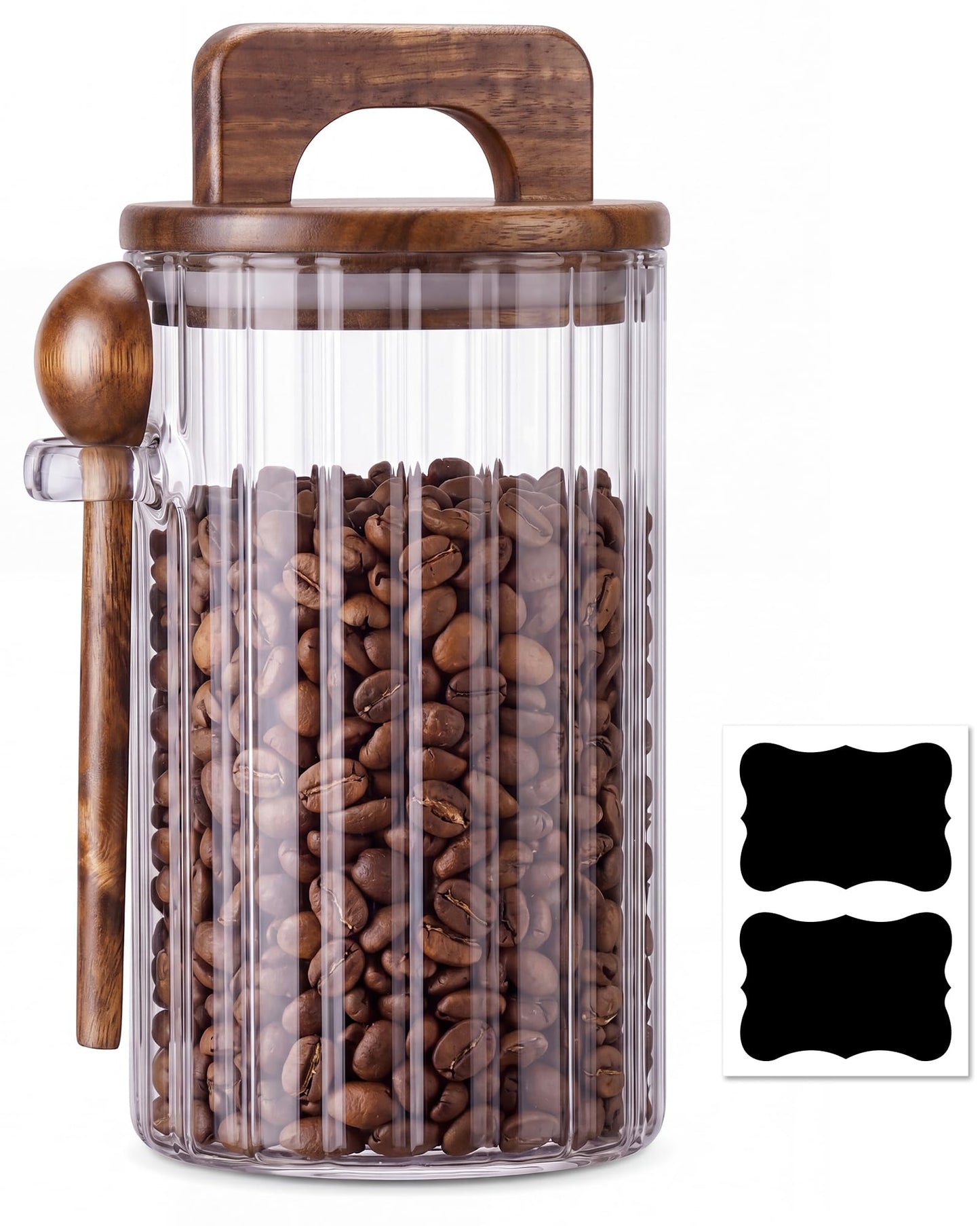 NiHome Ribbed Glass Coffee Container with Wooden Lid & Spoon, 27 oz Airtight Storage Jar for Coffee Beans, Tea, Sugar & Salt, Wide Mouth Food Canister with Ergonomic Handle