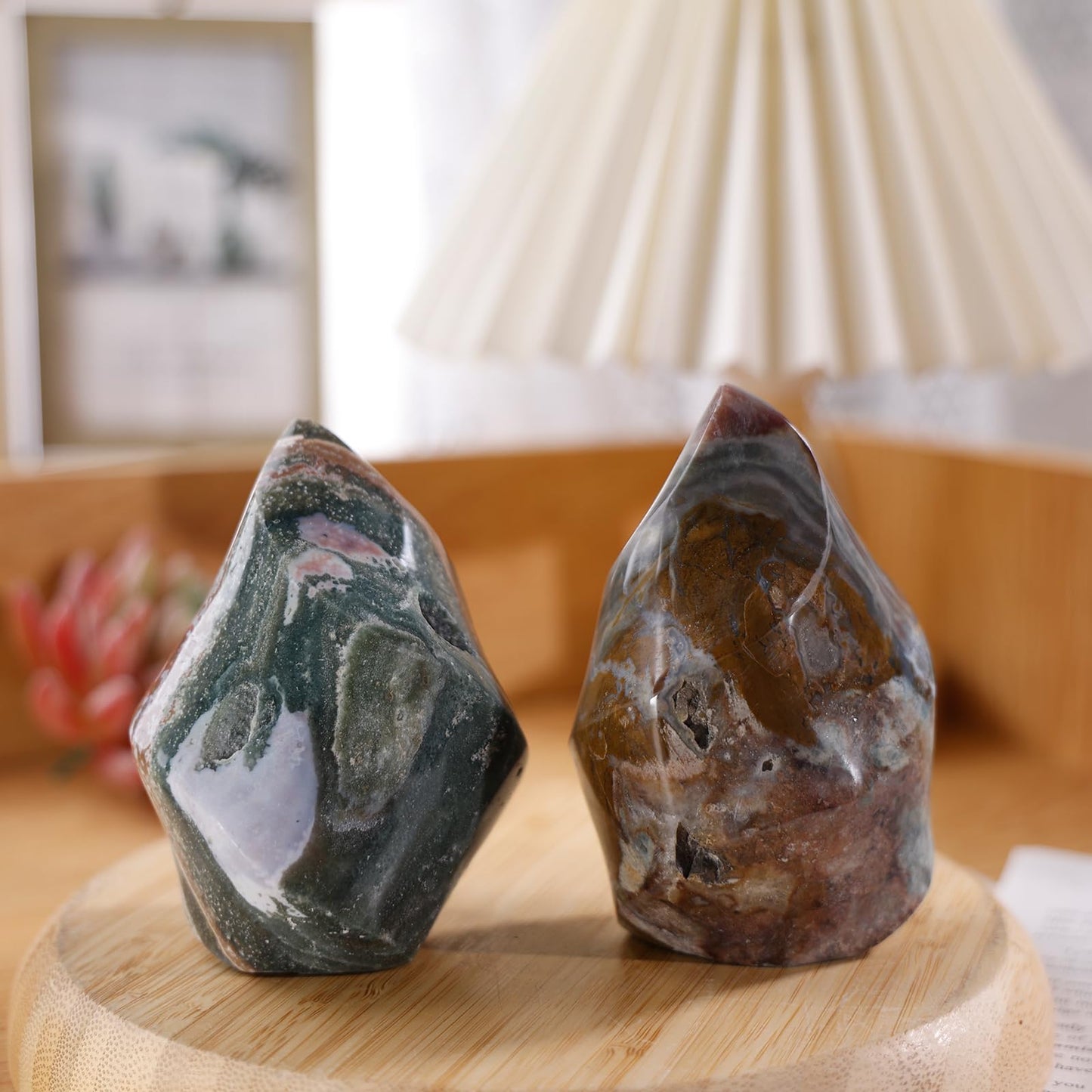 mookaitedecor Natural Ocean Jasper Crystal Flame Tower Standing Torch Point Flame Shaped Stone Towers Obelisk Reiki Energy Meditation Home Decor, 1.1-1.32 LB