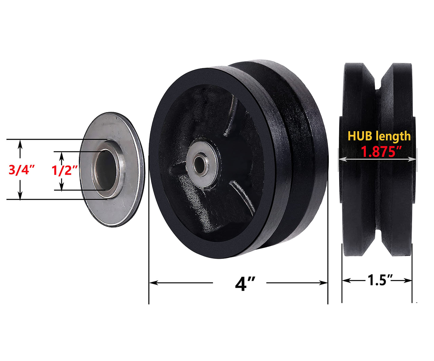 Handsammu 4"x 1.5" V-Groove Wheel - cast Iron Wheel,Capacity up to 600 Lb. Use for Slide Gate,Rolling Door with V-Track（1 Black Wheel）