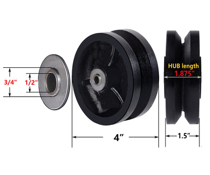 Handsammu 4"x 1.5" V-Groove Wheel - cast Iron Wheel,Capacity up to 600 Lb. Use for Slide Gate,Rolling Door with V-Track（1 Black Wheel）