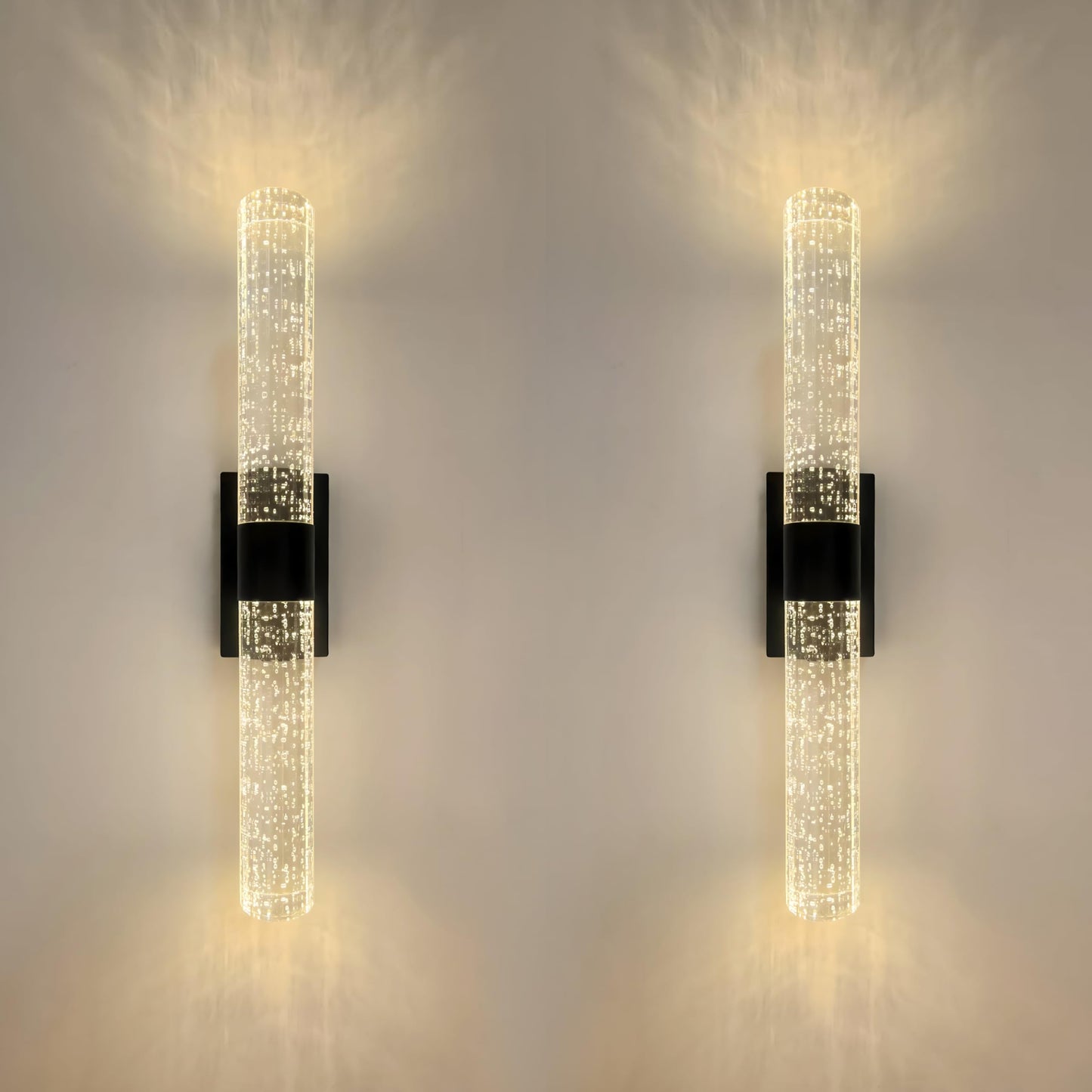 Battery Operated Crystal Wall Lights Rechargeable Set of 2 with Remote | Narrow Base Wireless Bubble Crystal Rod Wall Sconces Vanity Lights for Bathroom Bedroom Living Room (2 Pack, Black, 15.5'')