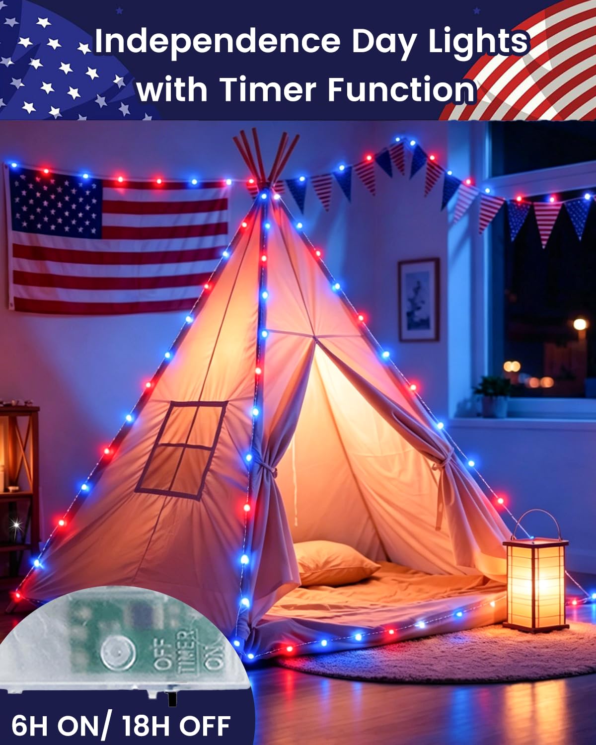 4 Pack 20FT 60LED Red White and Blue Battery Operated Fairy Lights with Timer, 4th of July Battery String Lights Waterproof Outdoor Indoor, Battery Twinkle Lights Independence Day Memorial Day Decor